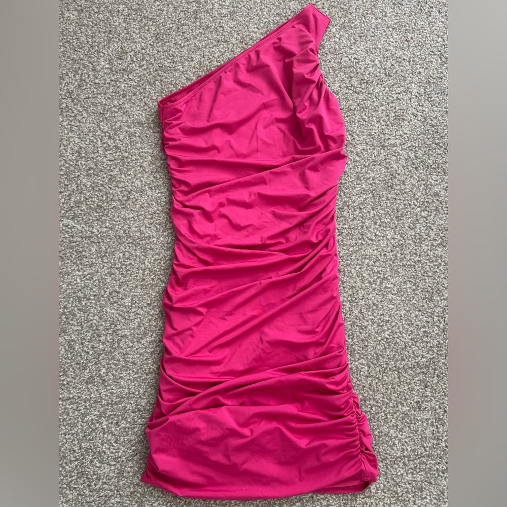 One-Shoulder Ruched Hot Pink Bodycon Dress